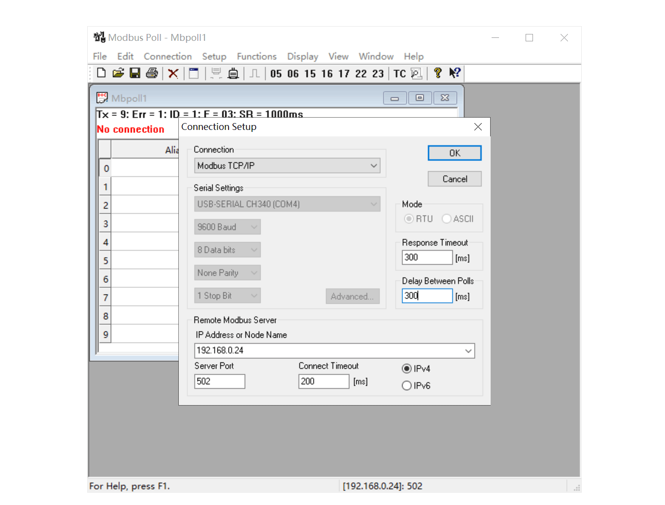Modbus Poll Connection Settings